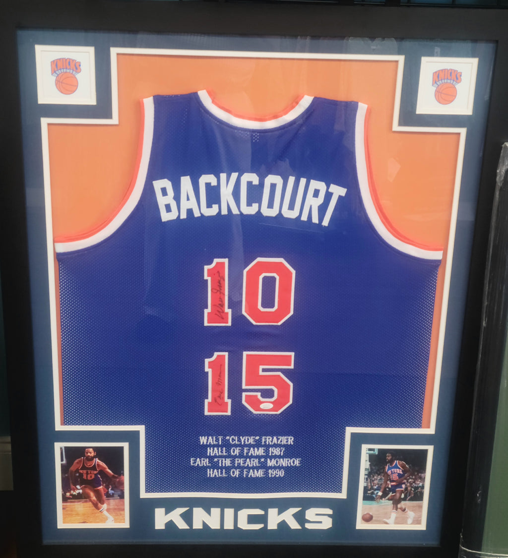 SIGNED KNICKS BACKCOURT JERSEY FRAZIER AND MONROE WITH JSA CERTIFICATION